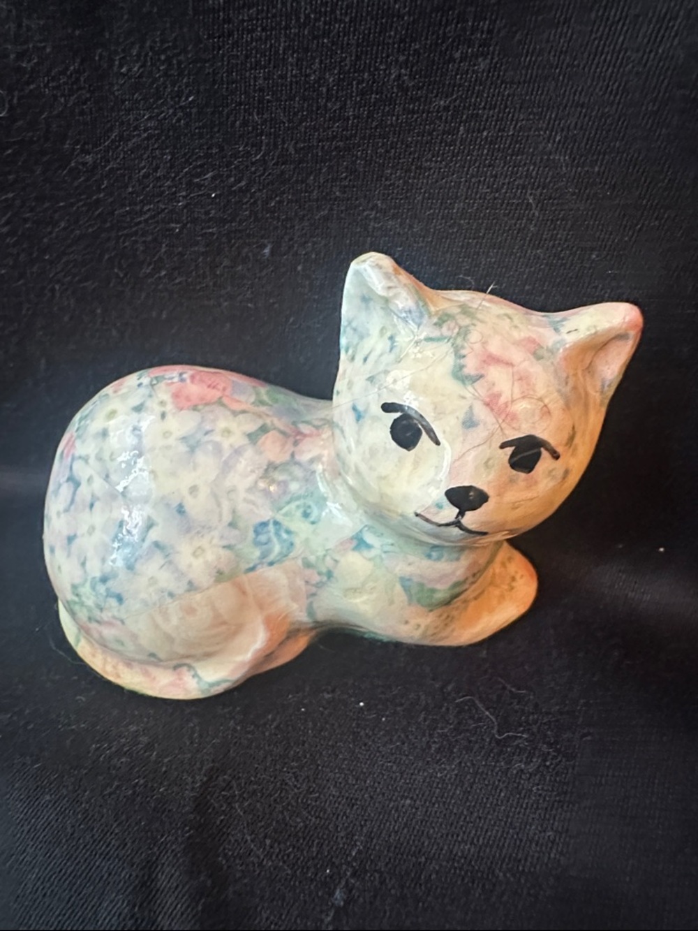 Vintage Decoupaged Cat Figurine: Floral Ceramic Cottagecore Decor